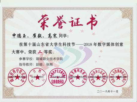 第十届山东省大学生科技节-2018年数字媒体创意大赛-二等奖